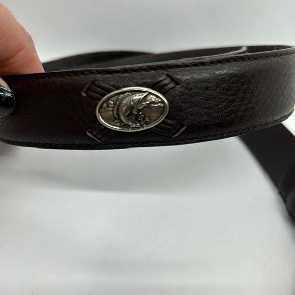 Mens Columbia Dark Brown Leather Belt Silver Fish Embellishments Size 36 - Picture 4 of 10